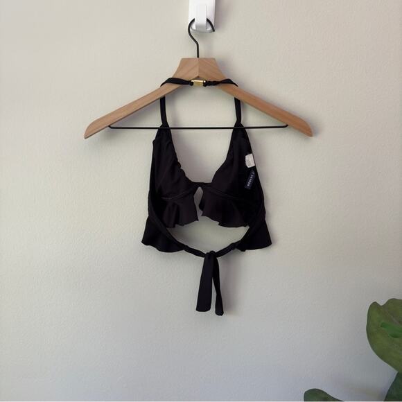 Vintage Ralph Lauren Bikini Swim Top Ruffle Halter Logo Back Gold Beach Pool EUC - Picture 2 of 11